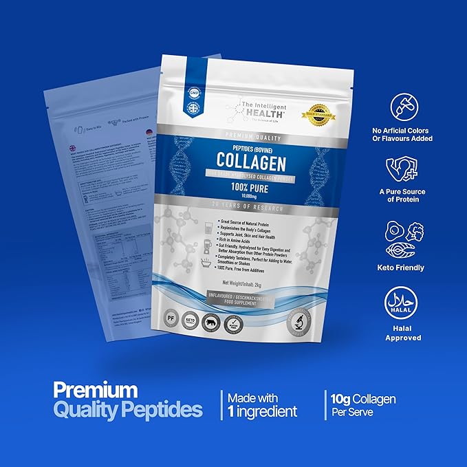 The Intelligent Health Hydrolysed Collagen Powder (Bovine) - High Protein Grass Fed Unflavoured Peptides - Collagen Supplements for Women | Gluten Free, Paleo & Keto Friendly (2Kg)