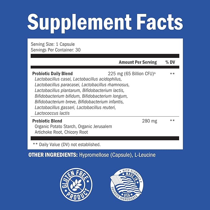 Probiotic 65 Billion - Probiotics with Prebiotic for Women & Men - Lactobacillus Acidophilus Digestive Health Capsules - Targeted Release Technology - Shelf Stable Supplement Non-GMO Dairy Free-30ct