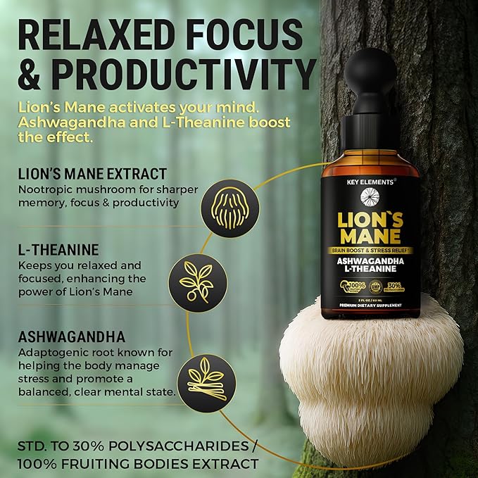KEY ELEMENTS Smart Lions Mane Extract for Memory, Focus & Brain Health - Lions Mane Tincture with Ashwagandha and L Theanine - Liquid Lion's Mane Nootropic Mushroom Supplement - 2 Month Supply