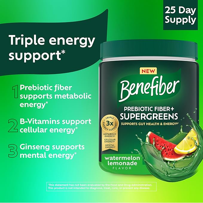 Benefiber Prebiotic GLP-1 Friendly Fiber + Supergreens Dietary Supplement Powder, Watermelon Lemonade Flavor, 8.8 oz (250g)