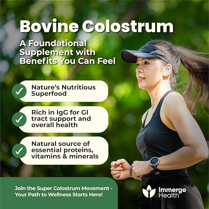 Immerge Health Super Colostrum Powder (60 Servings) – Premium Bovine Colostrum Supplement for Gut Health, Bloating & Immune Support – High IgG, 100% Grass Fed First Milking, Unflavored, Made in USA