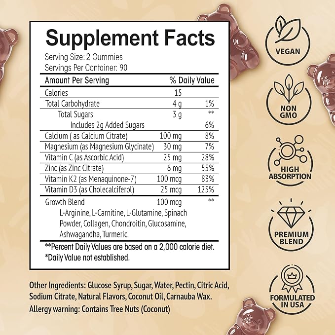 Height Growth Increase Vitamin Gummies, Calcium, Magnesium, Zinc, Ashwagandha, Glucosamine Grow Tall Supplement, Multivitamin for Kids, Teens, Adults
