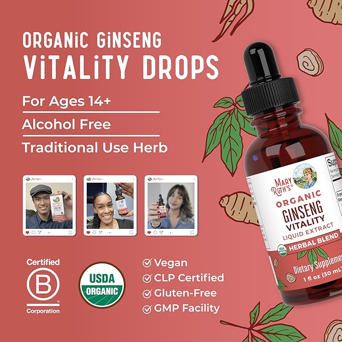 MARYRUTH'S Organics Herbal Supplement for Brain Function | Boost Energy | Memory | Vitality USDA | Ginseng with Ashwagandha | Eleuthero and Maca Root Extract | 1 Fl Oz