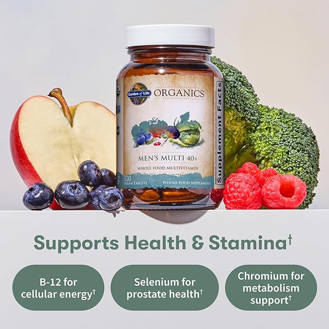 Garden of Life Organics Men's 40+ Multivitamin with Prostate Support, B12 & Vitamins – Vegan Daily Whole Food Multivitamin, Non-GMO, Certified Organic, 120 Tablets