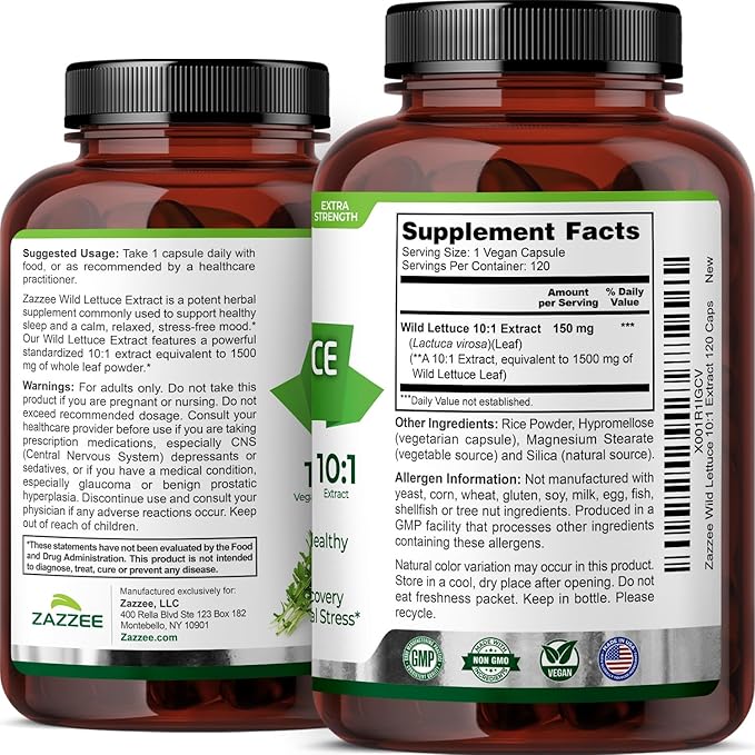 Zazzee Extra Strength Wild Lettuce 10:1 Extract, 120 Vegan Capsules, 4 Month Supply, Lactuca Virosa, Relaxation, Calm & Mood Support, Concentrated 10X Extract, 100% Vegetarian, Non-GMO, Made in USA