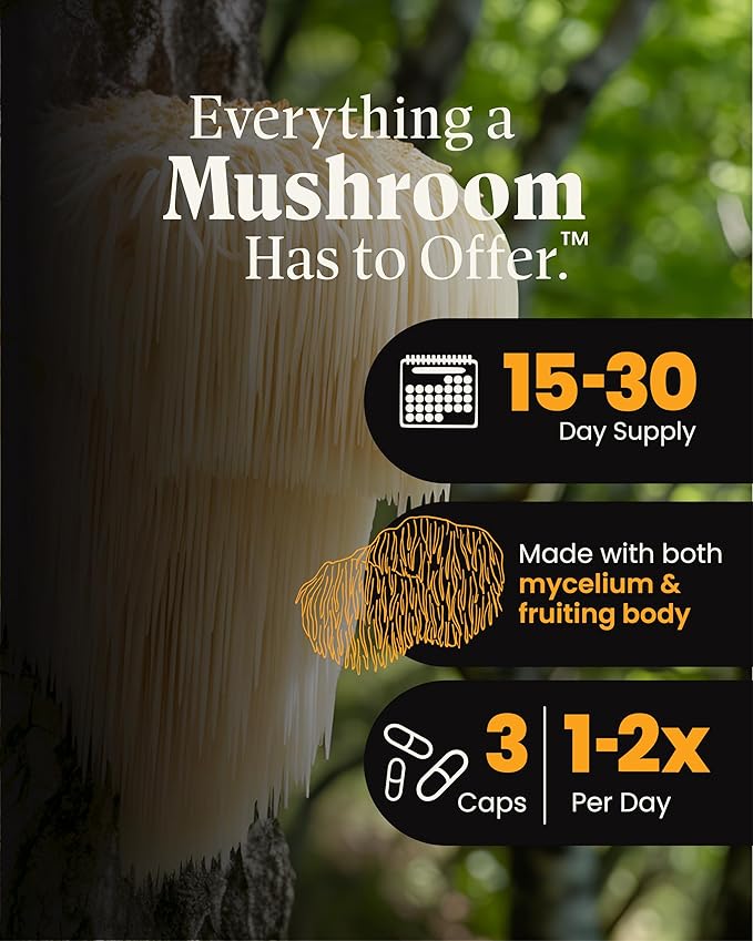Mushroom Wellness Lion’s Mane Blend with Reishi: Organic Lion's Mane & Reishi Mushroom Capsules, Mushroom Powder Supplement, Supports Cognitive Health, Memory, and Mental Focus, 90 Vegan Capsules