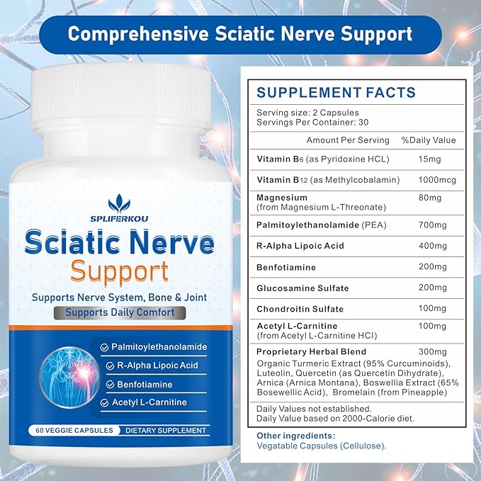 Sciatic Nerve Support Supplement, Advanced Sciatic Nerve Support Formula with Pea, Alpha Lipoic Acid, Benfotiamine, 60 Capsules