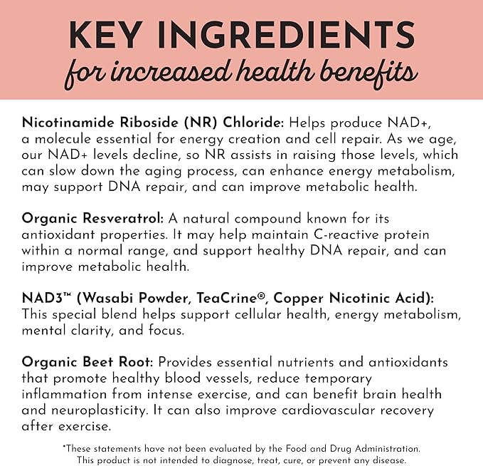 JUST INGREDIENTS NAD+ Supplement – 60 Capsules – Supports Cellular Energy, Healthy Aging, Mitochondrial Function & DNA Repair – with Nicotinamide Riboside, Resveratrol, Beet Root & NAD3® Complex