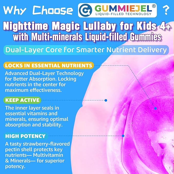 Kids 4+ Magnesium + Saffron Sleep Gummies, Relax Happy Filled Gummy, Bedtime Calcium Zinc, Mineral + Multivitamin Gummies, Melatonin Free | Vitamin D3 K2 | Bone, Only Need 1 Gummy - Sweet Dream Magic