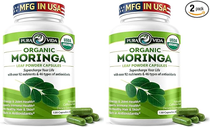 PURA VIDA MORINGA Capsules Single Origin Moringa Powder Organic. Moringa Leaf. Energy, Metabolism, & Immune Support. 120ct. 500mg Caps. (Pack of 2)
