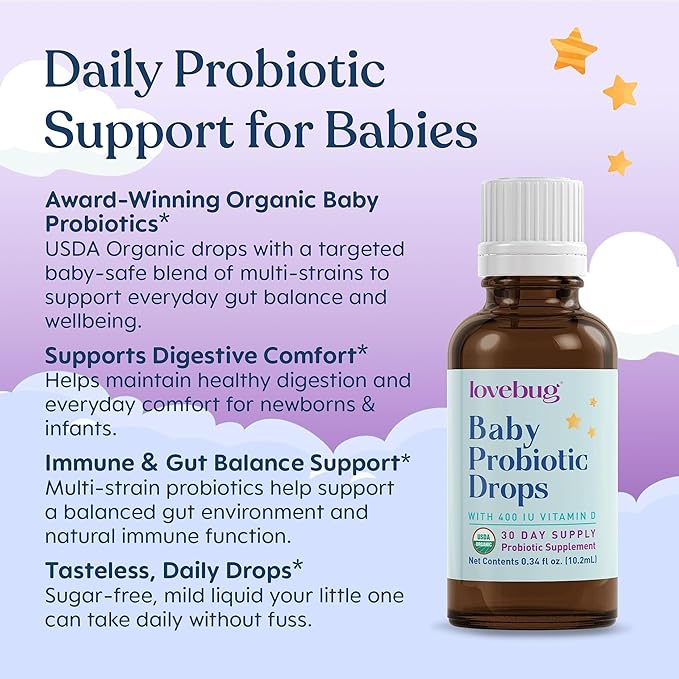LOVEBUG Baby Probiotic Drops - Organic Probiotics for Immune Support and Baby Constipation & Colic Relief - Tasteless & Sugar-Free Liquid Drops for Newborns, Babies & Infants (0-12 Months) - 10ml