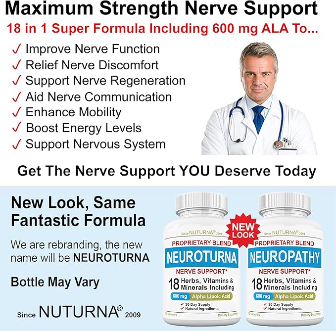 Neuropathy Nerve Support Supplement with 600 mg Pure Alpha Lipoic Acid - Maximum Strength Formula for Fingers, Hands, Toes, & Feet - 120 Capsules