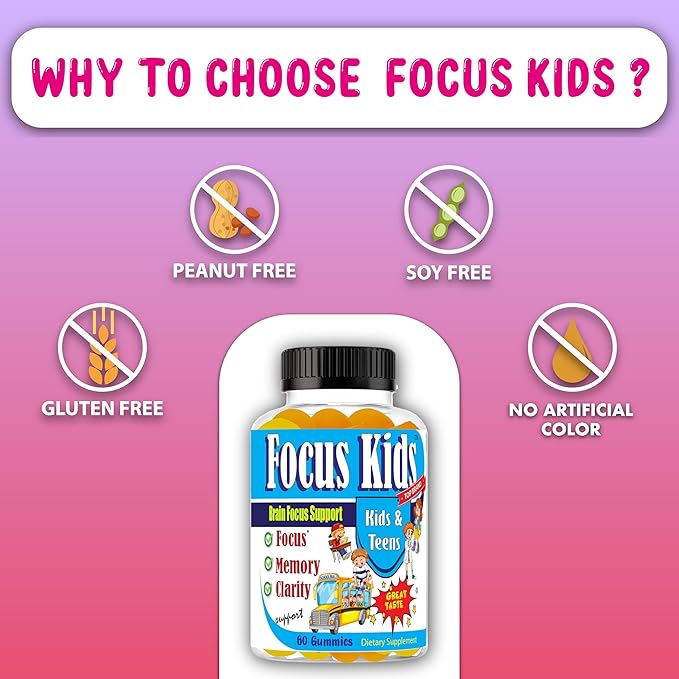 Focus Kids Gummies for Kids and Teens, Attention, Memory & Concentration, Focus Supplement for School & Study Brain Vitamins for Children DHA & Omega 3-6-9 – 60ct