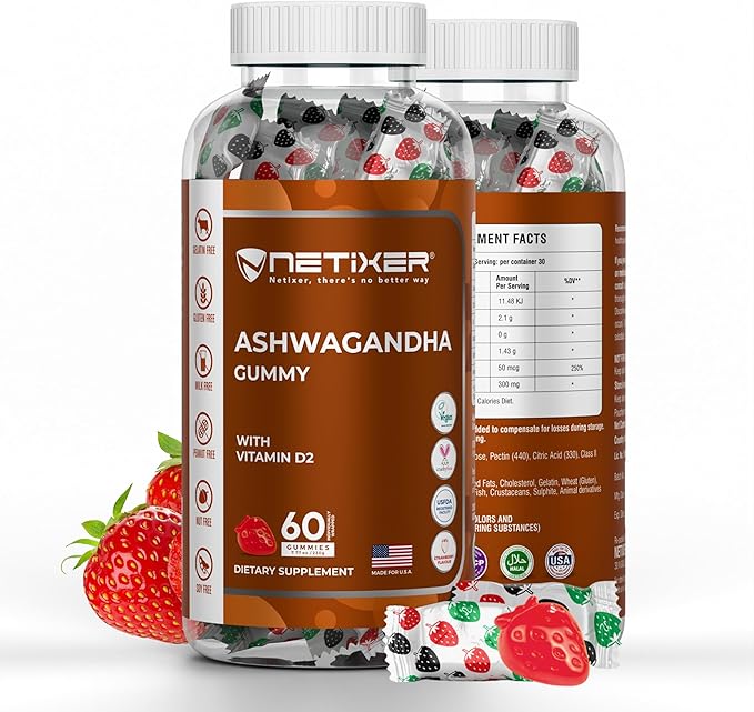 Ashwagandha Gummies – Vegan, Strawberry Flavor – with KSM-66 300mg & Vitamin D2 50mcg – Gluten-Free, Gelatin-Free, Non-GMO – 60 Gummies – Adaptogen Supplement for Adults