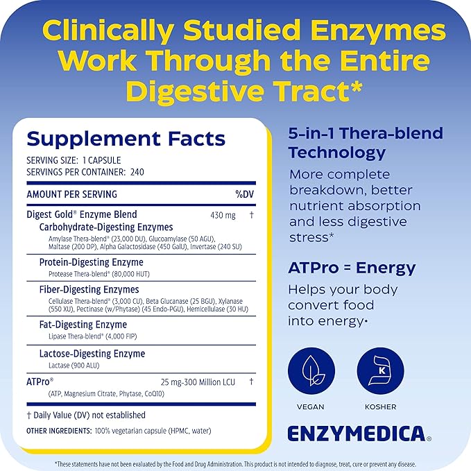 Enzymedica Digest Gold + ATPro, Maximum Strength Enzyme Formula, Fast-Acting, Helps Digest Large Meals, Prevents Bloating and Gas, 240 Capsules