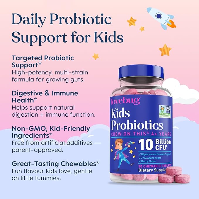LOVEBUG Probiotics for Kids – Probiotic Chewables with Prebiotic Fiber for Age 4+,Daily Children's Gut Health & Digestive Support Supplement, Sugar-Free Berry Flavor, 30 Count