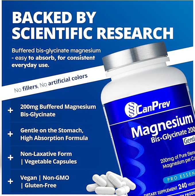 CanPrev Magnesium BisGlycinate Gentle 200mg, 240 v-Caps 240-Day Supply - Pure Elemental Magnesium Supplement, Supports Bone and Muscle Function, Gentle on Stomach, Perfect for Daily Magnesium Needs