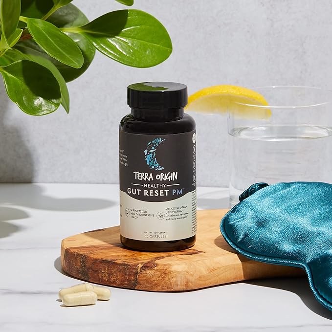 TERRA ORIGIN Healthy Gut Reset PM | 60 Veggie Capsules | Natural Sleep Aid Supplement for Sleep & Wake Cycles | GABA, L-Theanine, Melatonin, L-Glutamine, Licorice Root, Slippery Elm Root