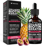 Liquid Biotin and Collagen Peptide Complex with Keratin, Hyaluronic Acid, MCT Oil, Zinc, Vitamins B6, B7, B12, A, C, D3, E - Hair, Skin, and Stronger Nails Supplement - 2 Pack