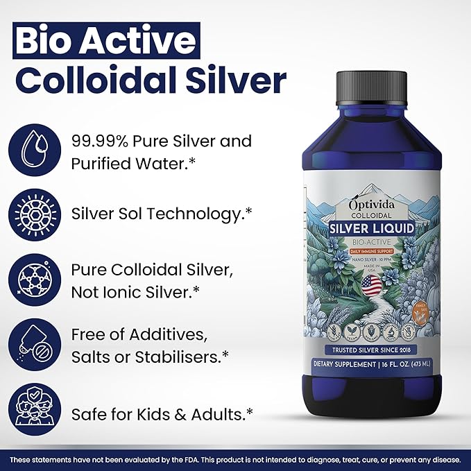 Optivida Colloidal Silver Liquid - 10 PPM Liquid Silver Immune Support, Pure Nano Silver Hydrosol Liquid for Family Wellness - Natural Silver Water for Adults & Kids, Non-GMO, 3rd Party Tested - 16 Oz