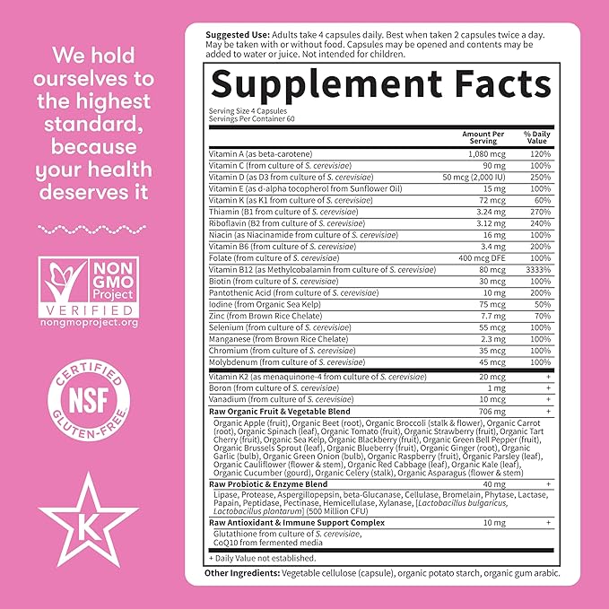 Garden of Life Vitamin Code Multivitamin for Women 50 & Over, 240 Capsules, for Women 50 Plus with B Vitamins, Vitamins A, C, D3, E & K, CoQ10, Probiotics & Enzymes