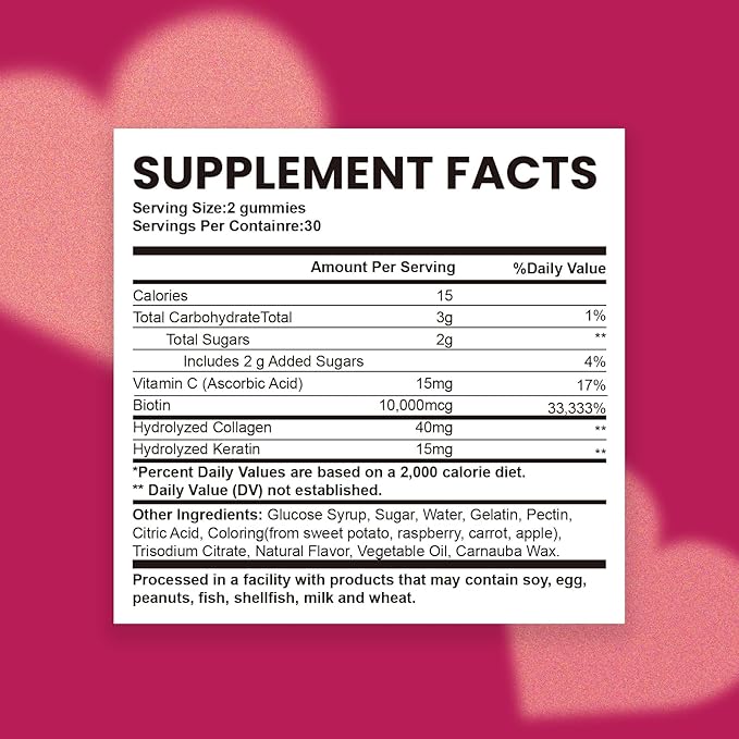 Biotin 10000mcg Keratin Collagen Gummies Supplements Hair Nails Vitamins Daily Hair Nail Growth & Strengthener Gummies for Women Vegan Biotin and Vitamin C Gummy 60 Count