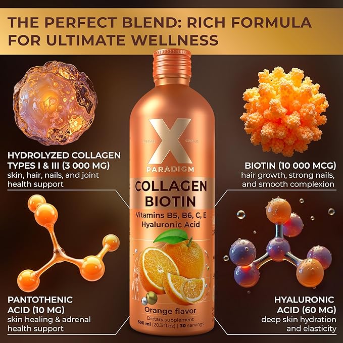 Liquid Collagen Peptides with Biotin & Hyaluronic Acid - Hydrolyzed Bovine Collagen Type 1 and 3, Biotin 10000mcg, Vitamins B5, B6, C & E - Orange Flavor