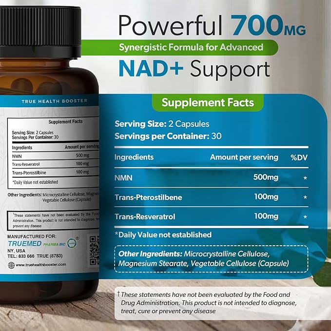 NMN Synergy+ 700mg – Premium NMN Supplement with Resveratrol & Pterostilbene | Advanced NAD+ Supplement for Cellular Energy, & Wellness Support | Non-GMO, Vegan, 60 Capsules