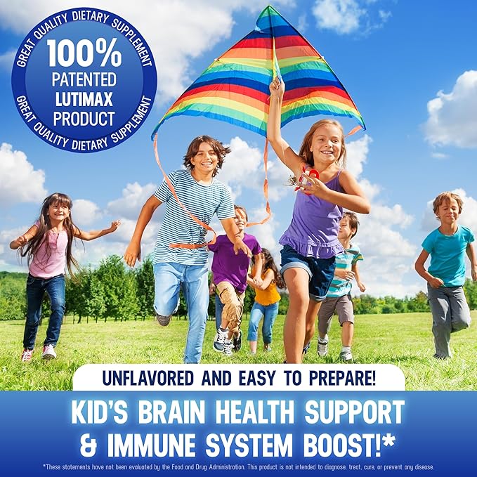 Lutimax Pediatric Powder Brain Supplement with Luteolin, Rutin & LTheanine - Kids Memory, Focus, Muscle & Immune Support Brain Supplement - Nootropic Antioxidants for Brain Health Support 100 Serving
