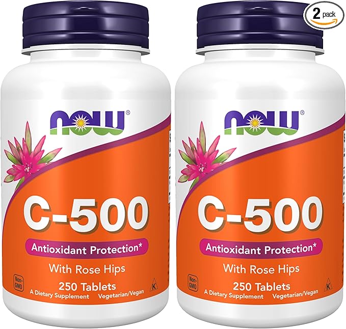 Now Supplements,Vitamin C-500 with Rose Hips,Antioxidant Protection*,250 Tablets,(Pack of 2)