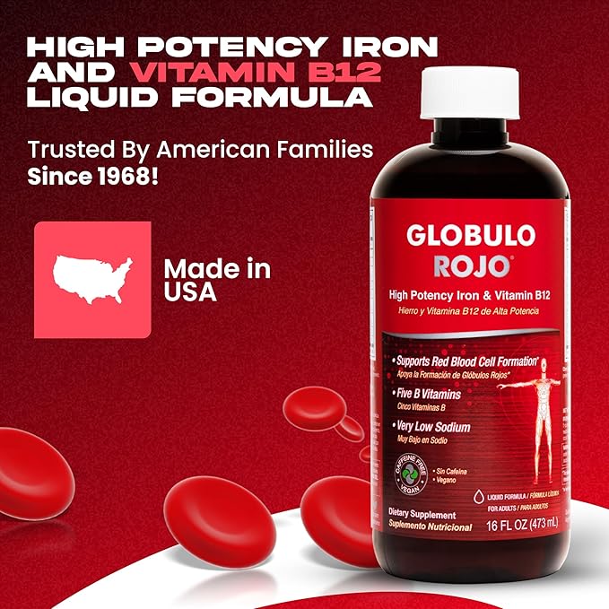 Globulo Rojo Iron Supplement - Liquid Dietary Supplement with High Potency Iron & B Vitamins (Vegan) (16 Fl Oz (Pack of 1))