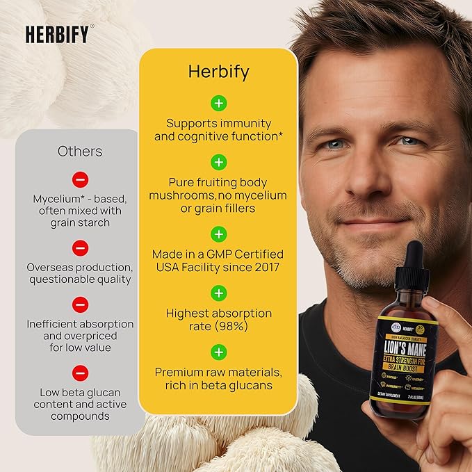 HERBIFY Lions Mane - Lions Mane Mushroom Supplement- Lions Mane Tincture - Lions Mane Immune Support - Lions Mane Tincture for Memory, Focus & Clarity - Daily Mushroom Supplement 2 Fl oz