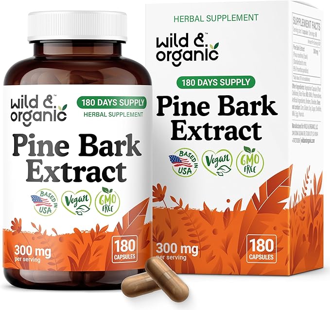 Wild & Organic Pine Bark Extract Capsules 300 mg - Antioxidant Supplement - 95% Proanthocyanidins - 180 Capsules - French Maritime Pine Bark Extract - 6-Month Supply - Pinus Maritima - Vegan, Non-GMO