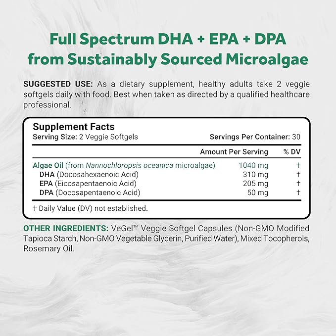 Naturalis Vegan Omega 3 DHA, EPA & DPA from Algae | Vegan Society Certified, Sustainably Sourced, True Full Spectrum | 60 Veggie Softgels (Carrageenan Free)