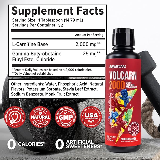 InnoSupps Volcarn 2000 - L-CARNITINE Advanced Energy Liquid | ATP Enhancer with GBEEC | Boosts Energy, Enhances Focus, Caffeine Free, No Artificial Sweeteners | 32 Servings (Sour Kids Candy)