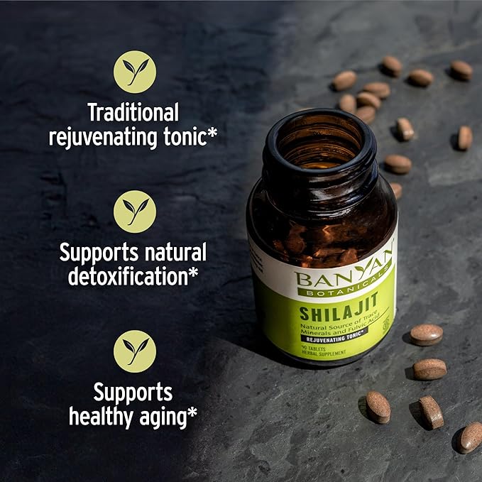 Banyan Botanicals Organic Shilajit – Pure Himalayan Mineral Pitch Supplement – Natural Source of Fulvic Acid & Trace Minerals for Energy, Detox & Healthy Aging – 90 Tablets – Sustainably Sourced