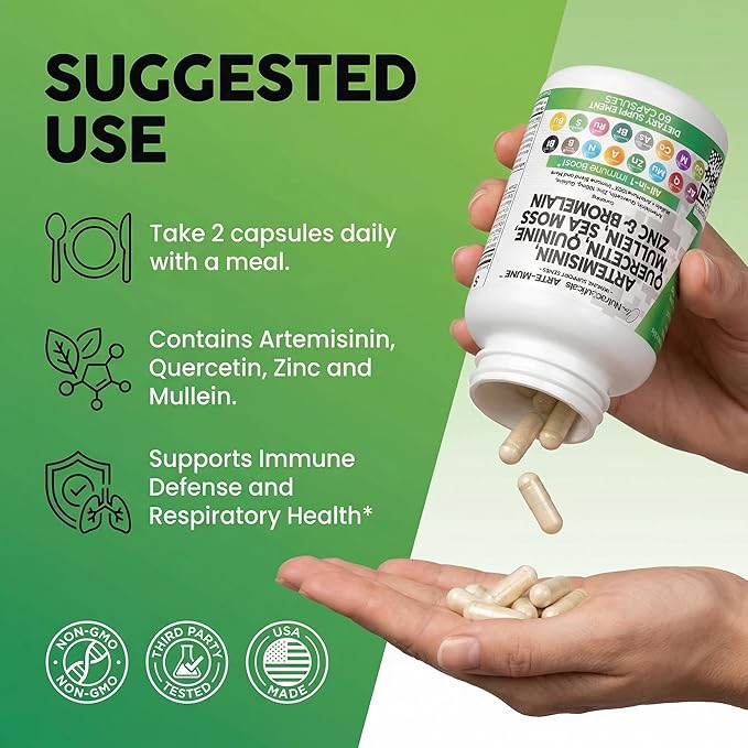 Clean Nutraceuticals Artemisinin Quercetin Zinc Mullein Quinine Supplement with Sea Moss Bromelain Ashwagandha Root Nettle Leaf Bladderwrack Burdock Root Monolaurin Colostrum Rutin