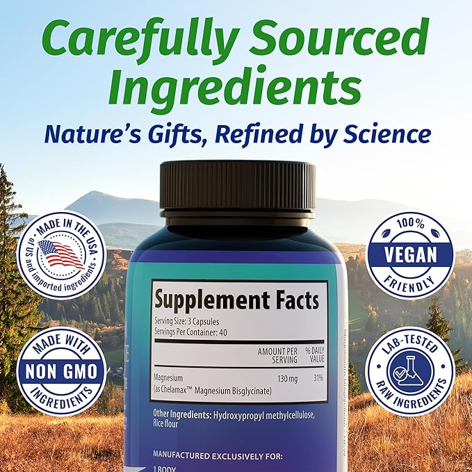 1 Body Magnesium Bisglycinate Capsules - Chelated Magnesium Supplement for Sleep Support, Muscle Cramps & Relaxation - High Absorption Formula Gentle on Stomach - 120 Count