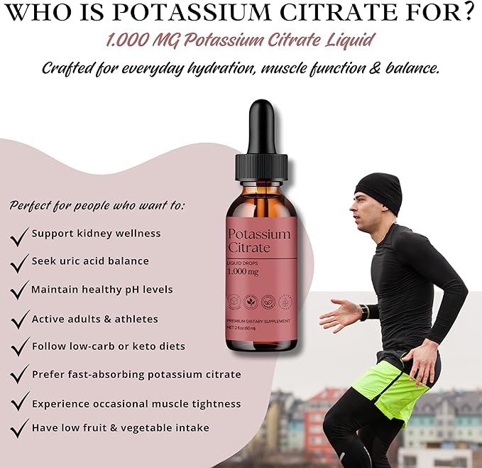 DLS Potassium Citrate Liquid & Potassium Supplement Drops 1000mg – High Absorption Electrolyte & Kidney Support – Uric Acid Balance, Muscle & Nerve Function – Non-GMO, Vegan, Sugar Free 60ml 2 fl oz