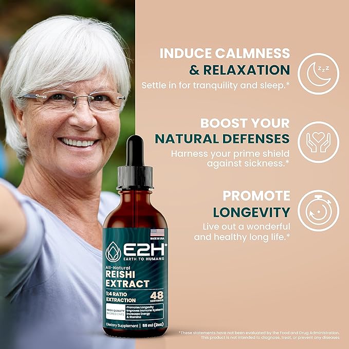 Reishi Mushroom Supplement - Faster Absorption Than Reishi Mushroom Capsules or Powder - Our Reishi Mushroom Extract Promotes Longevity - Reishi Mushroom Tincture - 2 Fl Oz by E2H