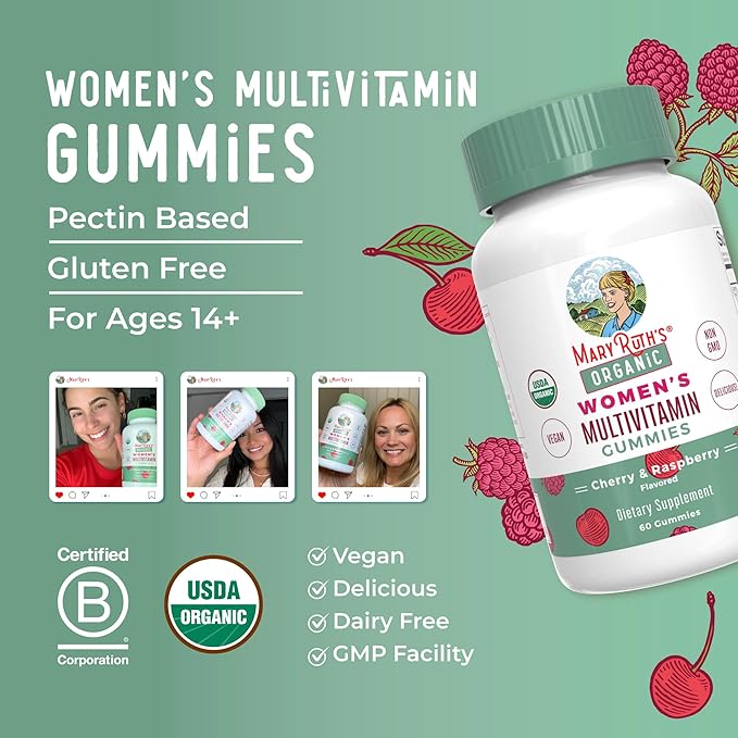 MARYRUTH'S Multivitamin Gummies for Women Ages 14+ | Immune Support | Hair & Skin Health | Reproductive Health | Vitamin A C D E B6 B12 Biotin Zinc Iodine | Organic | Vegan | Non-GMO | 60 Count