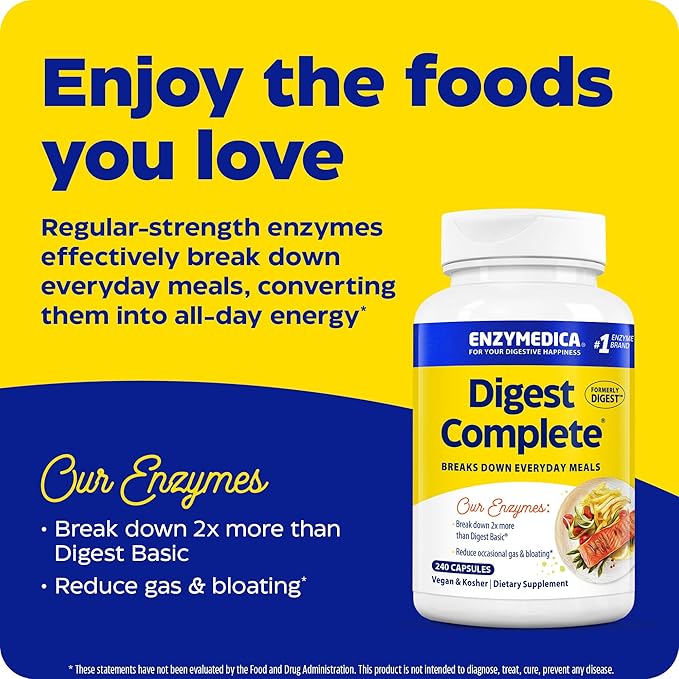 Enzymedica Digest Complete, Full-Range Digestive Enzymes for Daily Gut Health, Fast-Acting Relief from Gas, Bloating & Indigestion, 240 Count