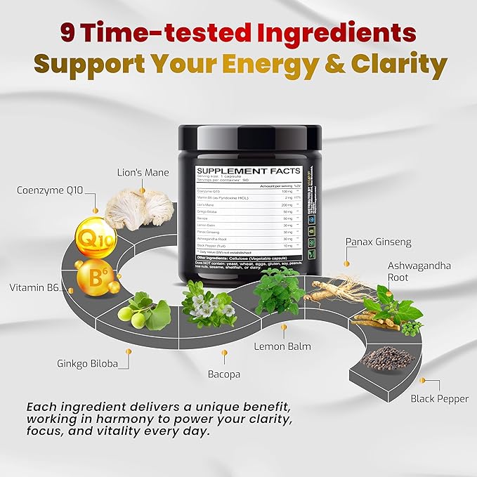 VEGATOT Brain Booster Brain Health Complex Supplement Concentrated with CoQ-10 VIT B6 Lion's Mane Ginkgo Biloba Lemon Balm Ginseng - Focus Memory Energy