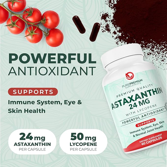 PurePremium Astaxanthin Supplements - Astaxanthin 24mg with Lycopene 50mg Antioxidants Supplement for Skin & Eye Health, & Immune System Support – Non-GMO - 60 Count, 2 Month Supply