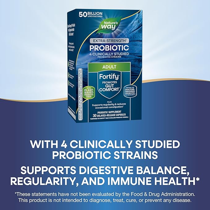 Nature's Way Extra Strength(1) Fortify Probiotic,Probiotics for Digestive Health,Prebiotics,50 Billion Live Cultures,Digestive & Immune Health Support*,30 Capsules,(Pack of 2)
