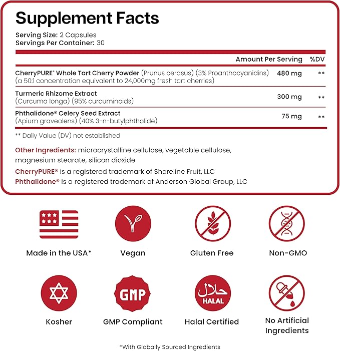 3 in 1 Tart Cherry Extract Capsules with Turmeric & Celery Seed for Feet & Joint Support Uric Acid Flush Cleanse & Purge Pills, 60 Veggie Capsules Manufactured in USA