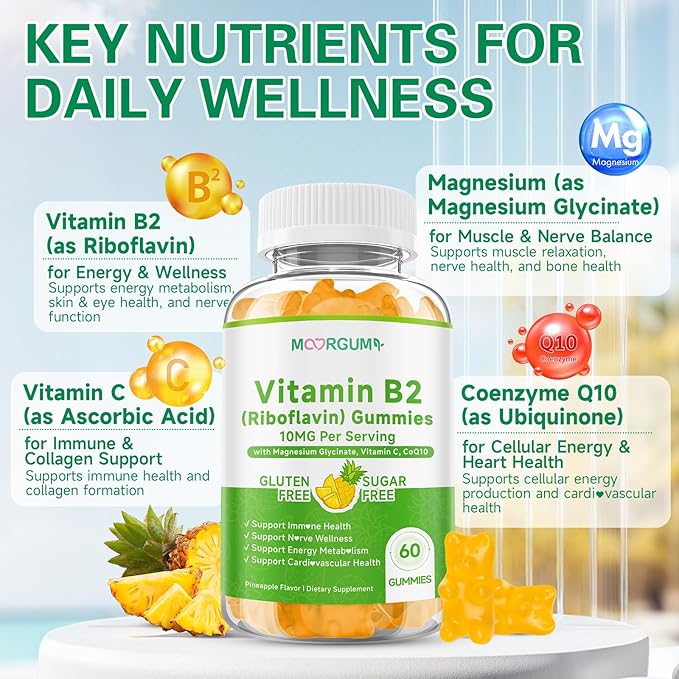 Vitamin B2 Gummies, Riboflavin Supplement for Kids & Adults, with Magnesium Glycinate, CoQ10 and Vitamina C, for Women and Men, Energy, Immune Wellness & Cellular Health Support, 60 Count