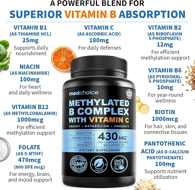 9-in-1 Vitamin B Complex - Methylated Multivitamin with B12 Methylcobalamin, Methylfolate, L-5-MTHF & Vitamin C - Methylated B Complex for Women & Men - Non-GMO, Gluten-Free (90 Servings) (3-Pack)