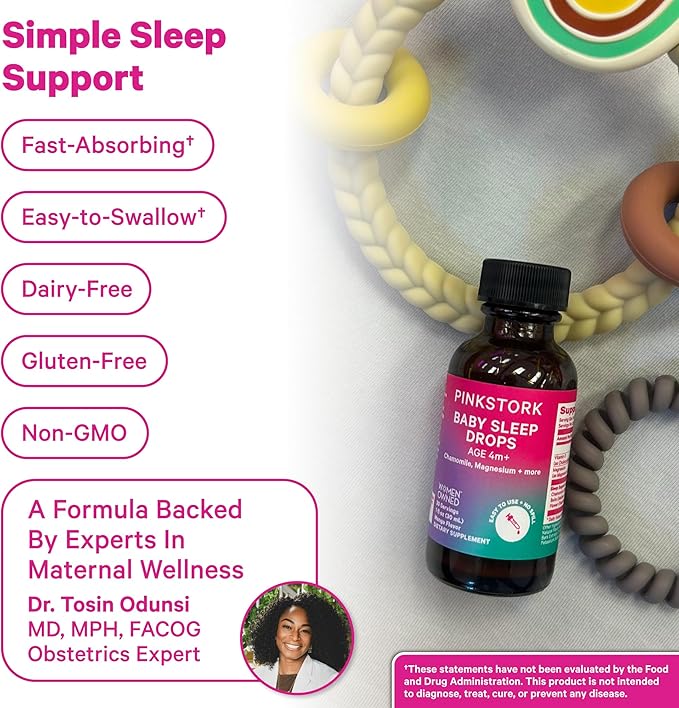 Pink Stork Baby Sleep Drops, Naturally Support Sleep Without Melatonin for Infants, Toddlers, and Kids, Aid Sleep with Chamomile and Magnesium, Baby Essentials for Bedtime, 1 oz, 30 Servings