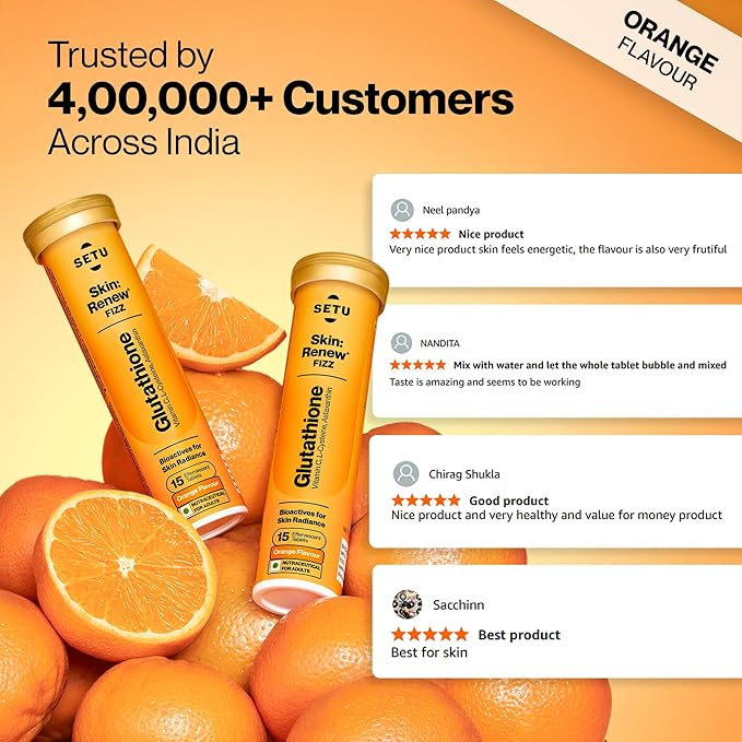 SETU Skin Renew, Glutathione with Vitamin C, Gluta Fizz, Supports Detoxification, Sugar-Free, Orange Flavour, 30 Effervescent Tablets